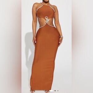Fashion Nova Chic Tan Backless Dress